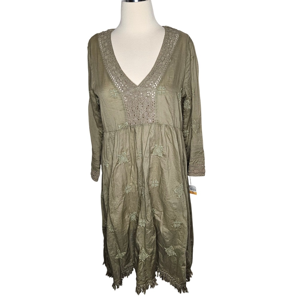 Odd Molly Endless Journey Dress Olive Green Embroidered Crochet Cotton SM 1 NWT